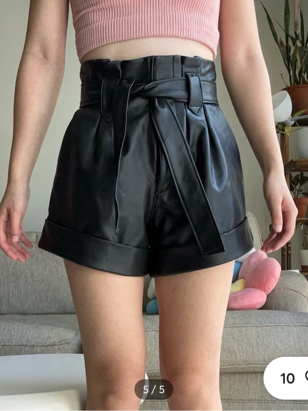 A&F High-Waist Black Faux Leather Paperbag Shorts with Tie Belt